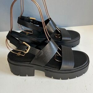 Zara Black Chunky Sandals Size 8 Black Platform Lug Sole Double Strap Buckle NEW